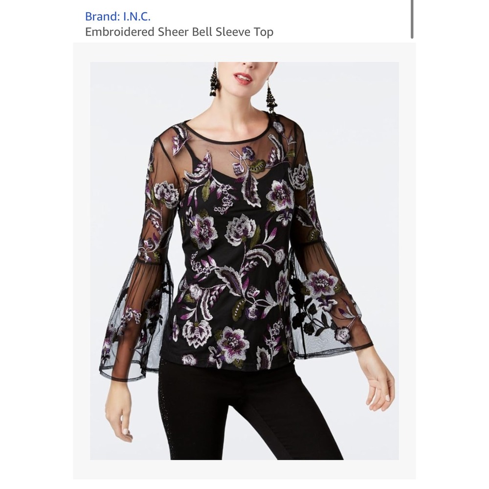 I.N.C. Embroidered Sheer‎ Bell Sleeve Top Petite Floral Blouse